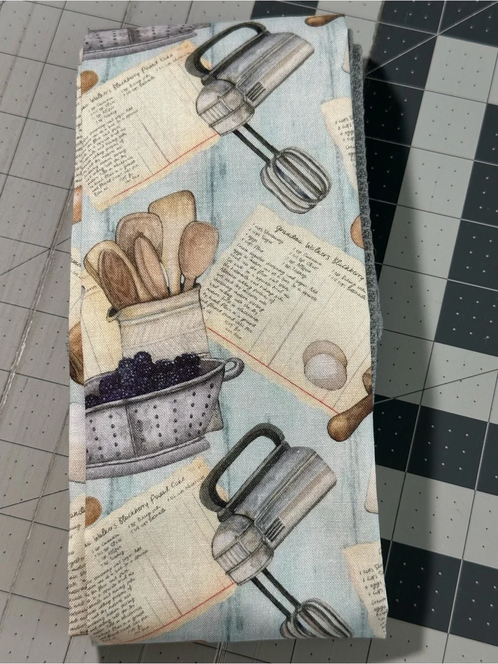 Handmade Kitchen Scarf - Baking Print with Gray Towel